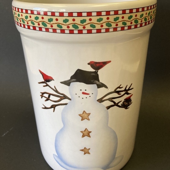 Debbie Mumm Snowman w/Baseball Cap Utensil Holder Jar Sakura Crock Christmas VTG - Picture 2 of 10